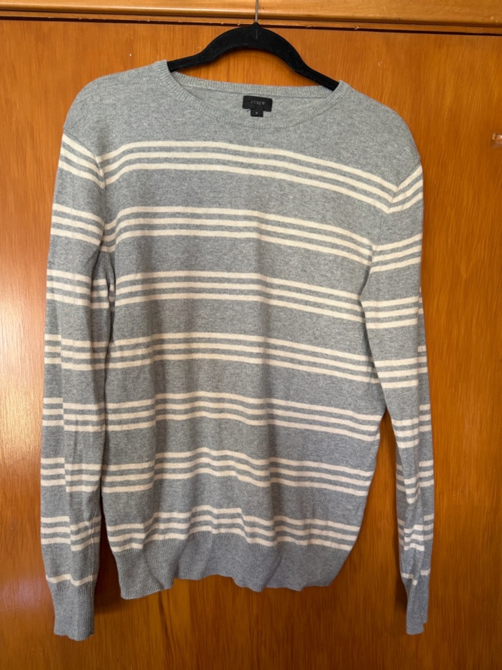J. Crew Gray and Cream Striped Crewneck Sweater